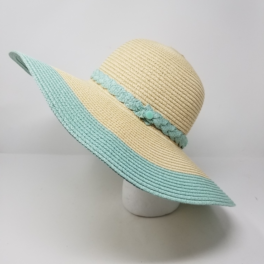 The Girlfriend Hat Wide Brim Hat Stripe Braided Hat Band Baby Blue Natural Paper - Picture 10 of 10